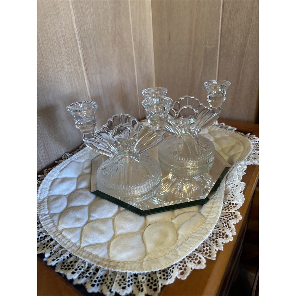 Vintage Jeannette Glass Iris and Herringbone Pattern‎ Double Candlestick Holders